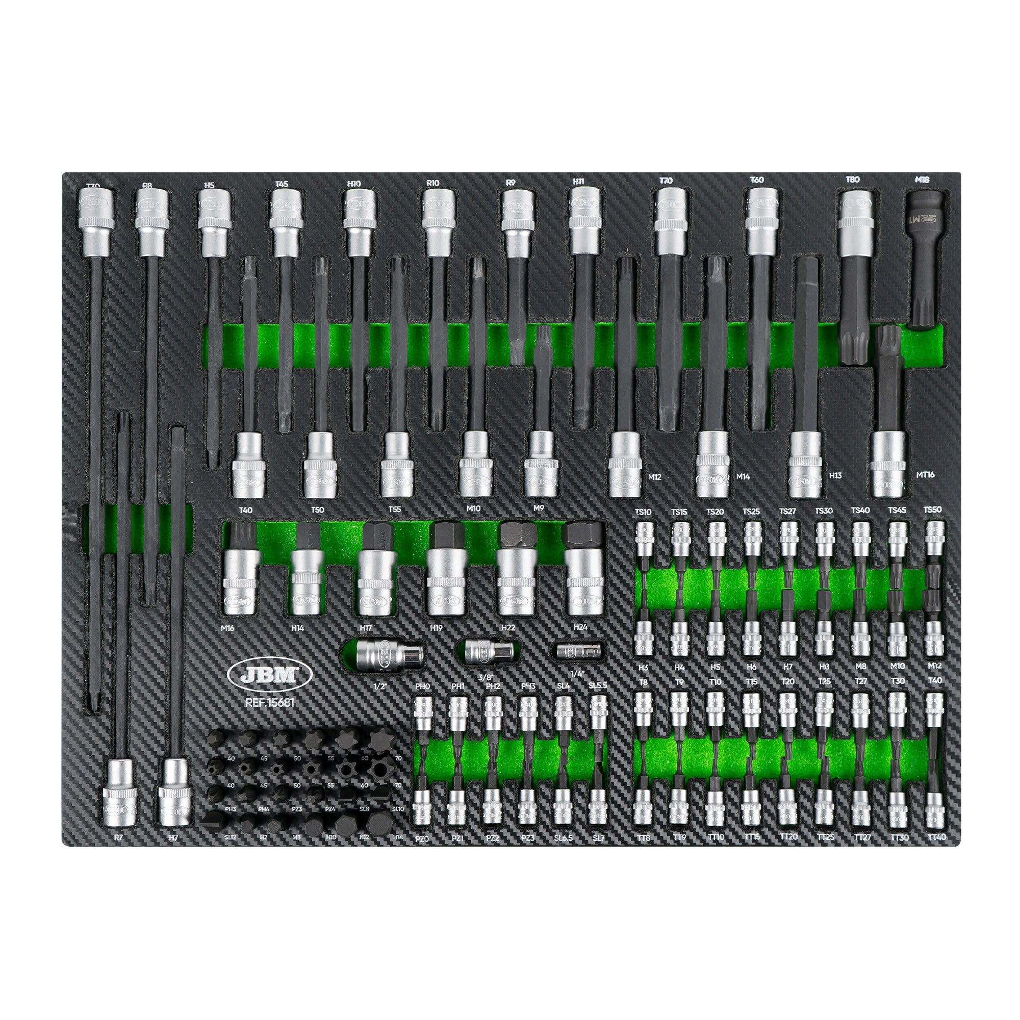 15681 MODULO DI 104 PEZZI DI BUSSOLE CON CRICCHETTO, FINITURA IN FIBRA DI CARBONIO E VASSOIO IN EVA