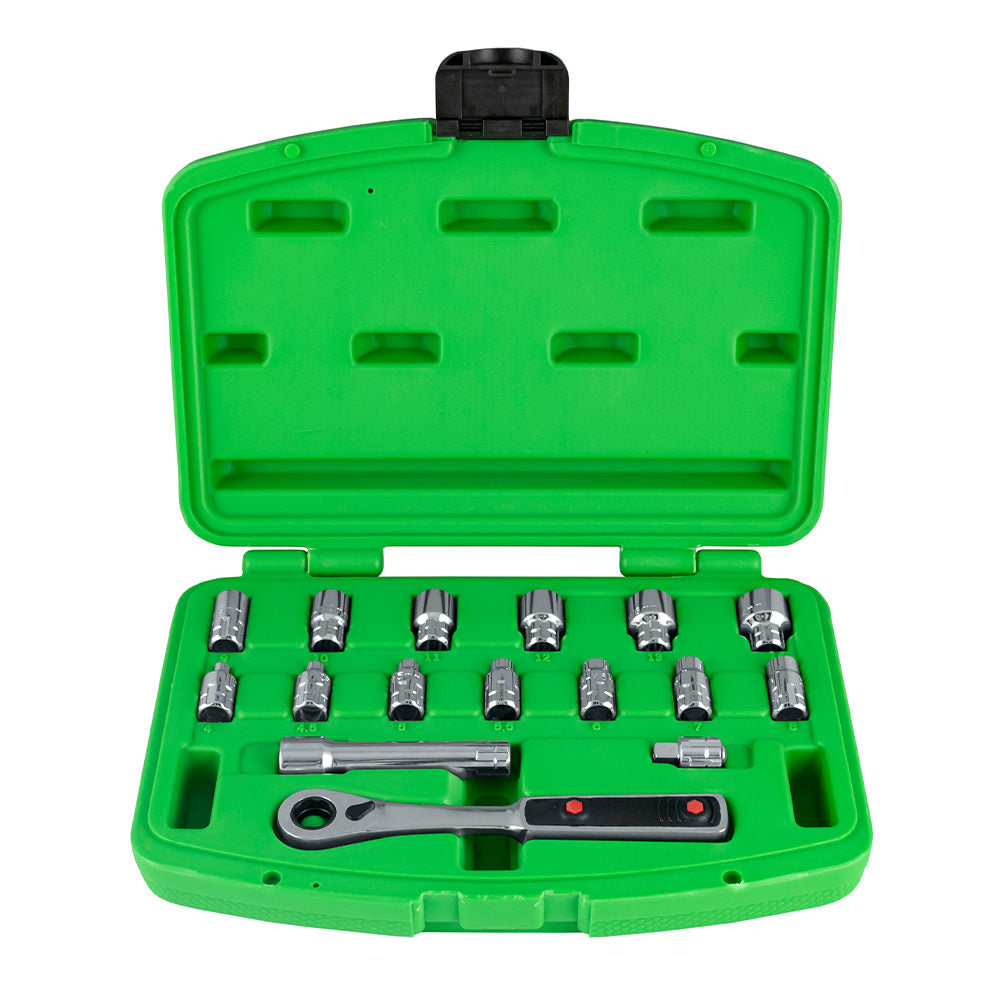 SET DI UTENSILI GO-THROUGH DA 16 PEZZI CON BUSSOLE DA 1/4" ? FINITURA CROMATA | 50623