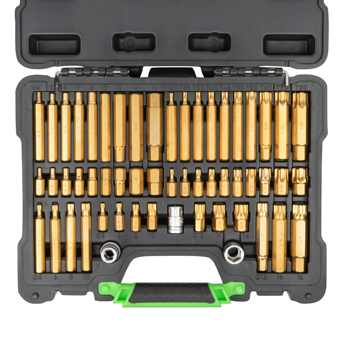 VALIGETTA DI 55 PEZZI CON INSERTI ESAGONALI, A 12 CANTI E TORX E ADATTATORI 1/2" E 3/8" | 52753