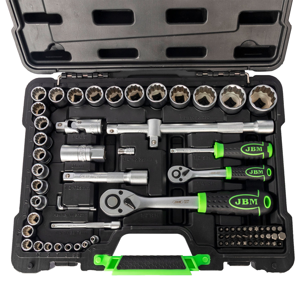 SET DI UTENSILI DA 74 PEZZI CON BUSSOLE BI-ESAGONALI DA 1/2" E 1/4" ? FINITURA ZINCATA | 53074