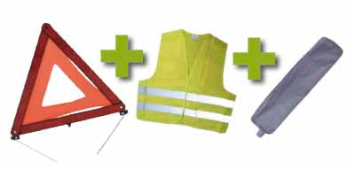 KIT D EMERGENZA + BORSA GRIGIO CON RIVETTO + GIUBBOTTO RIFLETTENTE + TRIANGOLO DI SEGNALAZIONE | 53088