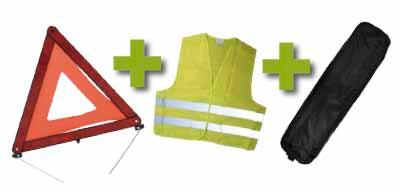 KIT D EMERGENZA + BORSA NERA CON RIVETTO + GIUBBOTTO RIFLETTENTE + TRIANGOLO DI SEGNALAZIONE | 53089