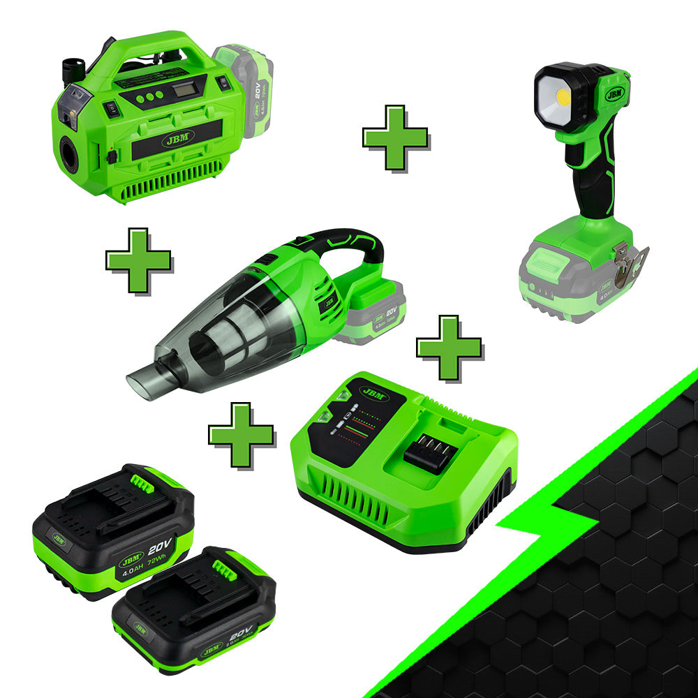 ASPIRAPOLVERE + POMPA GONFIAGOMME + TORCIA DA LAVORO + X2 BATTERIE + CARICABATTERIE | PROMO-ELECTR30