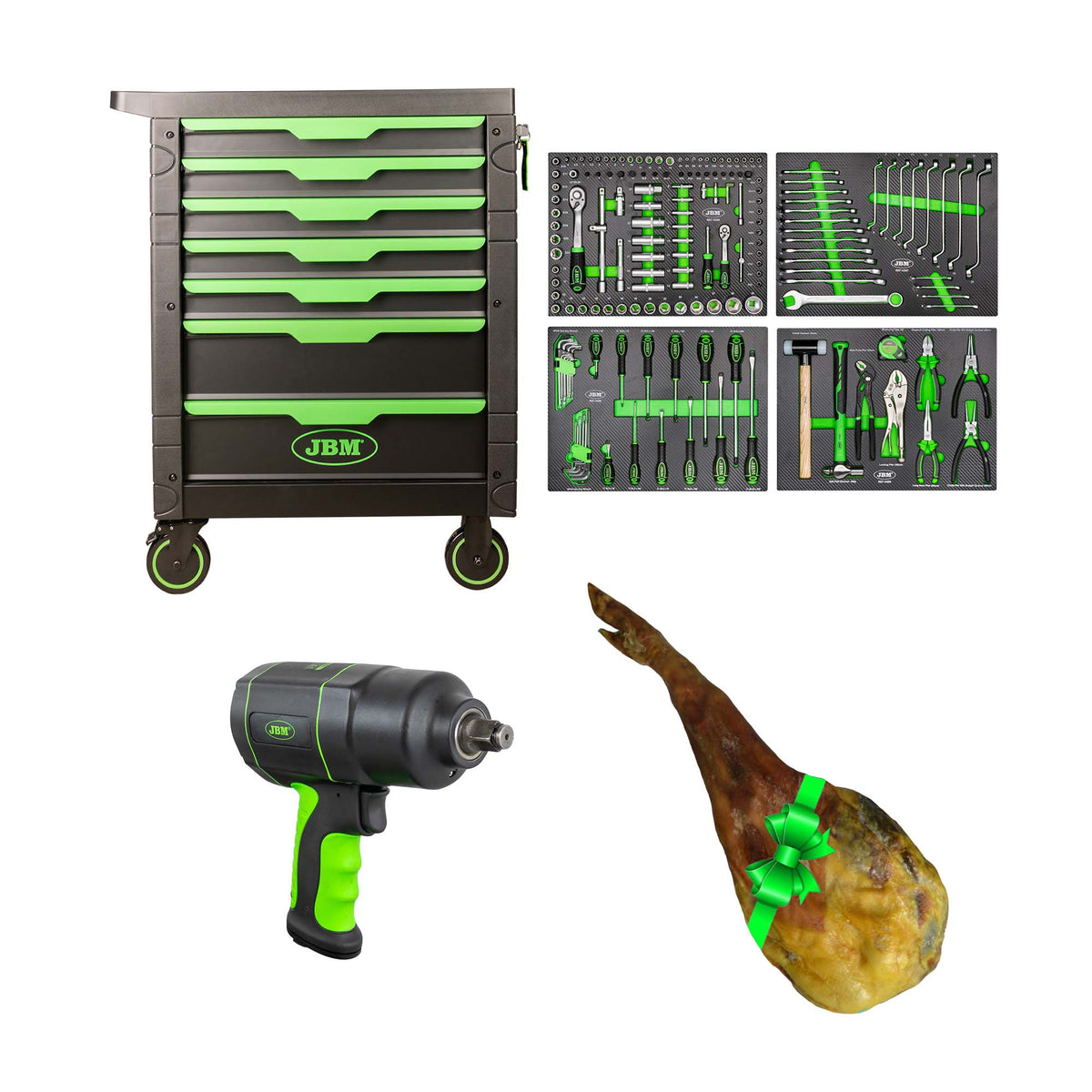 CARRELLO A 7 CASSETTI - VERDE + AVVITATORE PNEUMATICO DA 1/2" 1200NM + PROSCIUTTO | SERIE495P