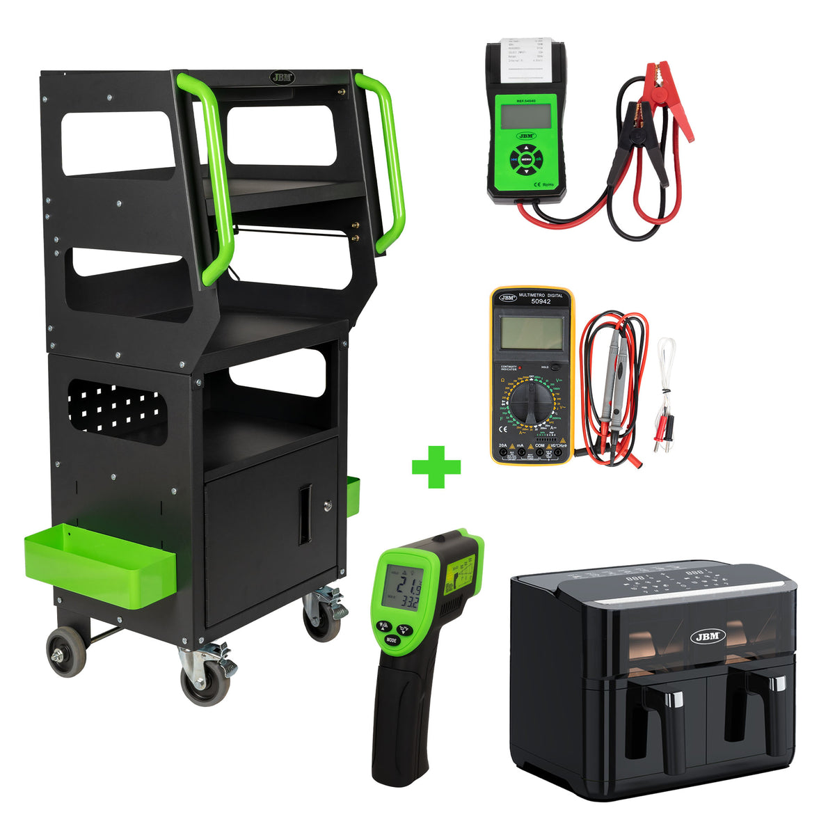 CARRELLO DIAGNOSTICO + TESTER BATTERIA CON STAMPA + MULTIMETRO DIGITALE + TERMOMETRO LASER | SERIE499F