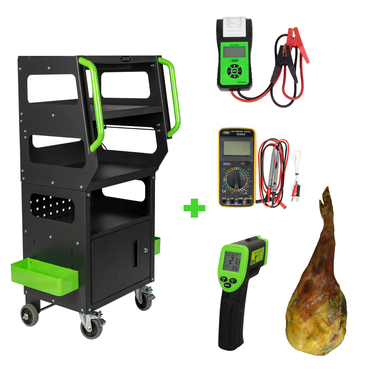 CARRELLO DIAGNOSTICO + TESTER BATTERIA CON STAMPA + MULTIMETRO DIGITALE + TERMOMETRO LASER | SERIE499P