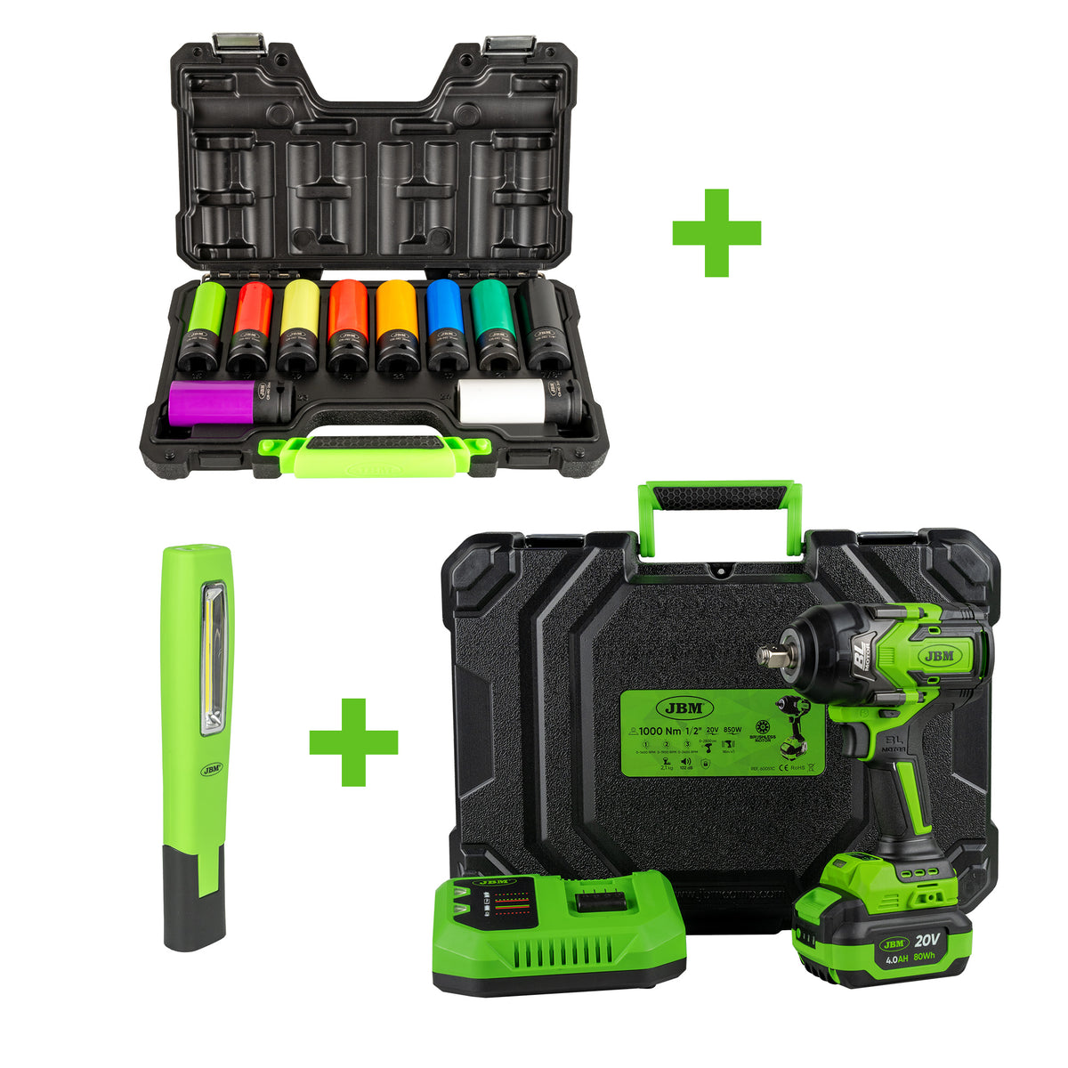 CHIAVE BRUSHLESS A BATTERIA 1/2 + SET DI 10 BUSSOLE PNEUMATICHE 1/2" + AMPADA DA LAVORO A LED | SERIE539