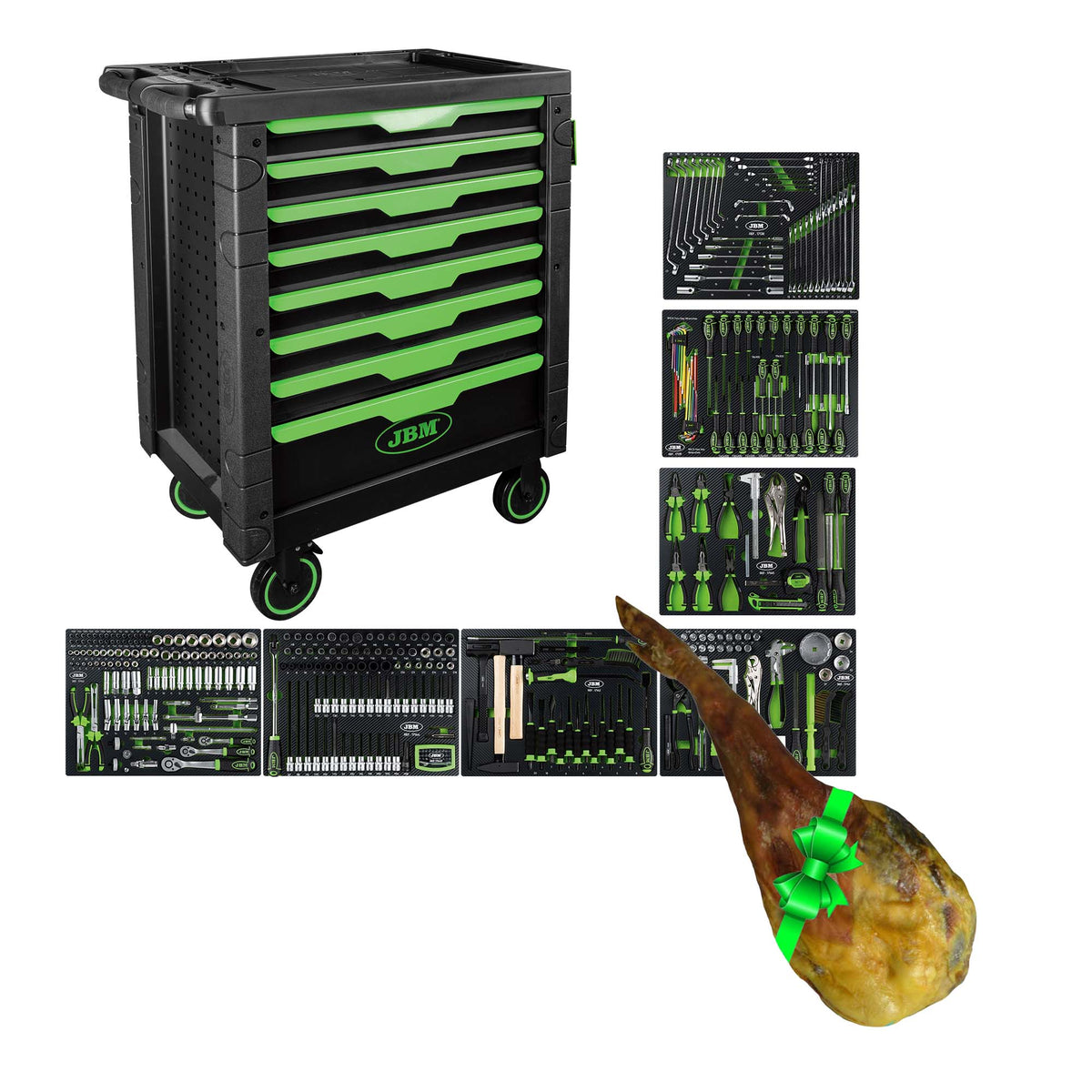 CARRELLO CON ATTREZZI A 8 CASSETTI MONTATO CON 289 PEZZI + PROSCIUTTO | SERIE54718P