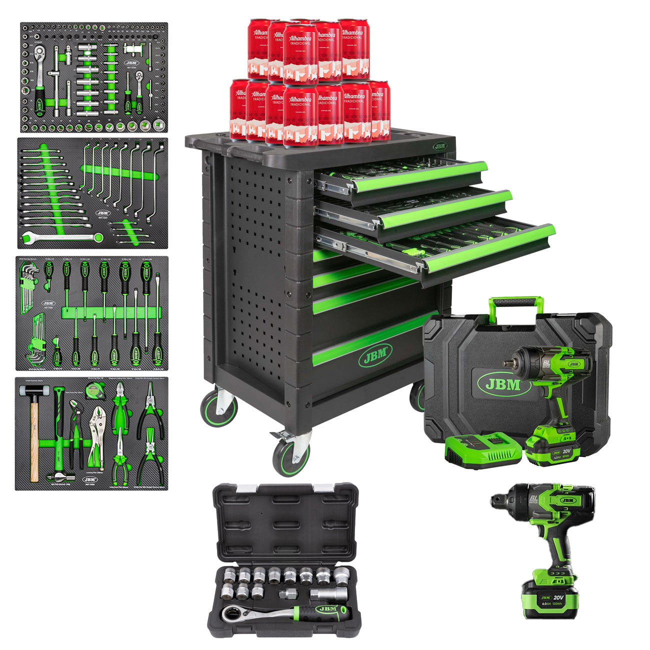 KIT OFFICINA | CARRELLO CON UTENSILI + AVVITATORE 1/2" 1300NM + PISTOLA 1/2" 800NM + GO-THROUGH + 24 BIRRE