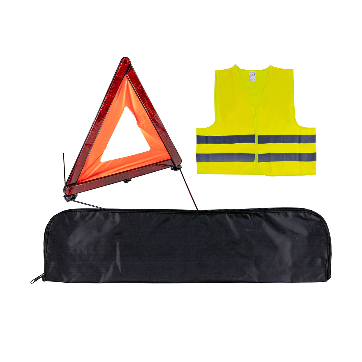 KIT D EMERGENZA + BORSA NERA MINI + GIUBBOTTO RIFLETTENTE + TRIANGOLO DI SEGNALAZIONE | 53093