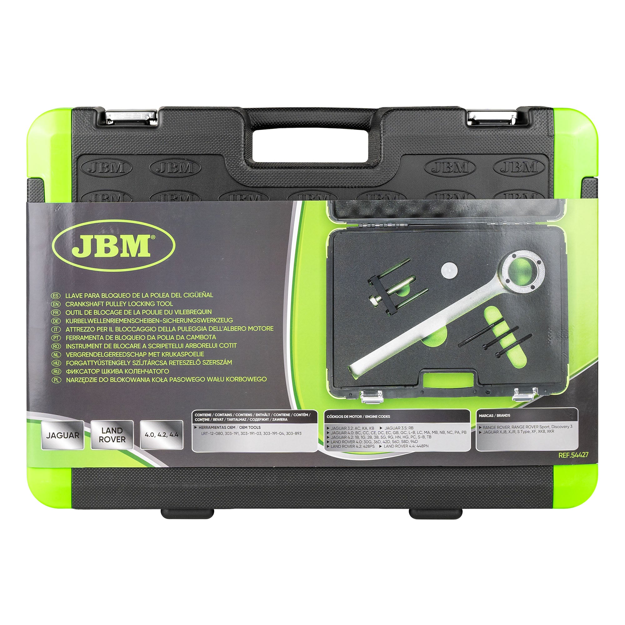 54427 ATTREZZO PER IL BLOCCAGGIO DELLA PULEGGIA DELL'ALBERO MOTORE JAGUAR/LAND ROVER 4.0, 4.2, 4.4