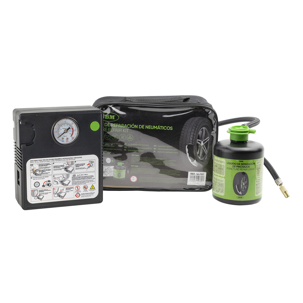 KIT DI RIPARAZIONE PNEUMATICI - LIQUIDO SIGILLANTE E COMPRESSORE D ARIA | 54760