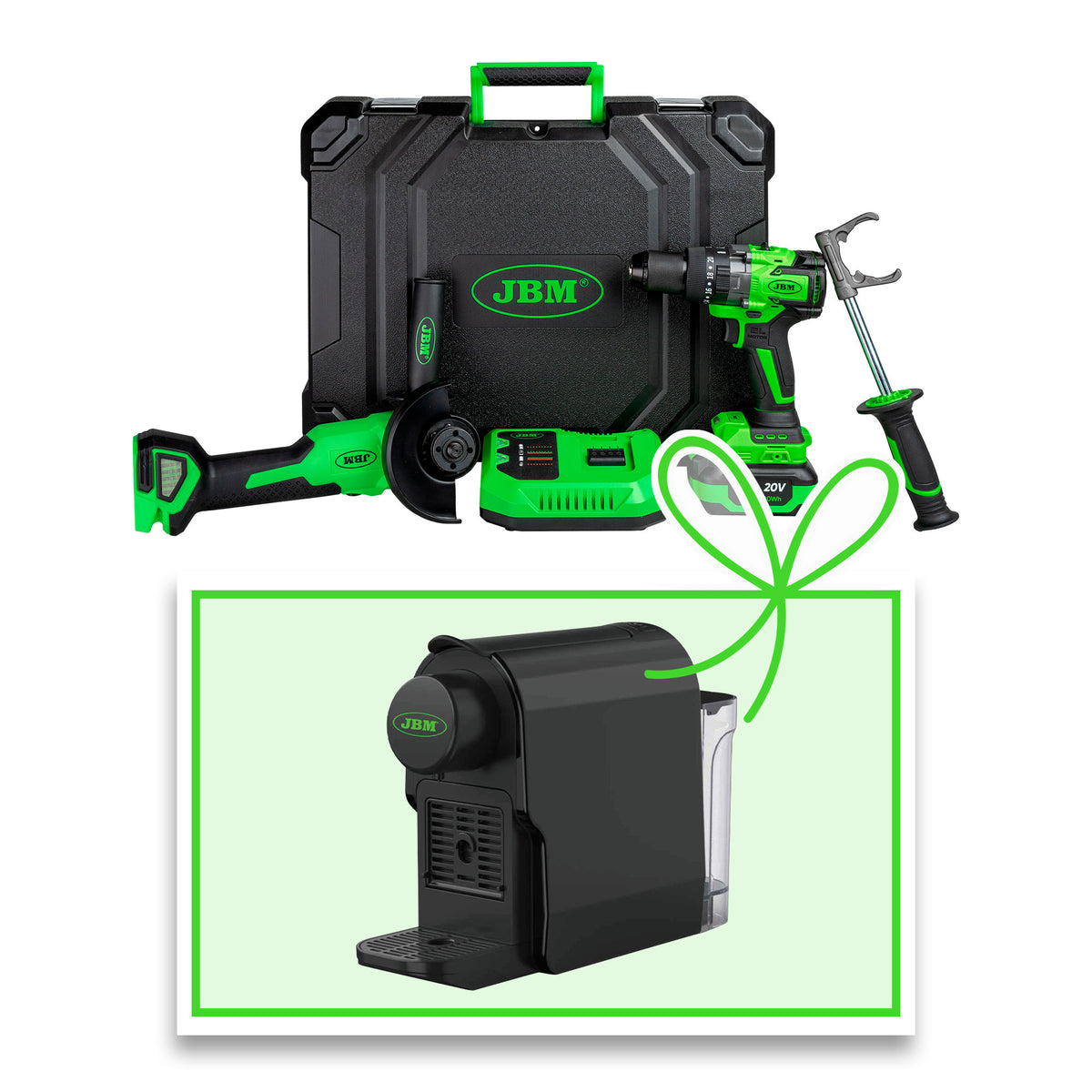 KIT SMERIGLIATRICE ANGOLARE & TRAPANO A PERCUSSIONE A BATTERIA CON VALIGETTA + MACCHINA DA CAFF? | 60053C-E