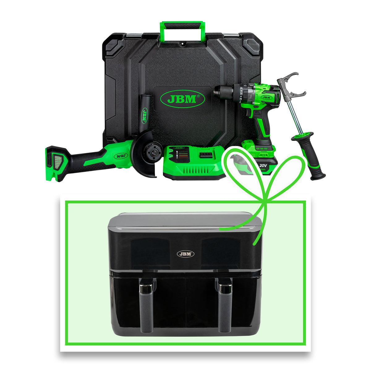 KIT SMERIGLIATRICE ANGOLARE & TRAPANO A PERCUSSIONE A BATTERIA CON VALIGETTA + FRIGGITRICE | 60053C-F
