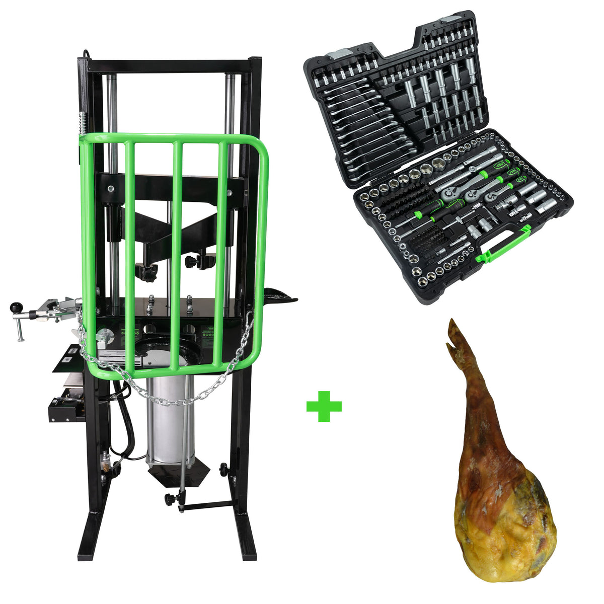 COMPRESSORE PNEUMATICO A MOLLA 1T + VALIGETTA DI UTENSILI DA 216 PEZZI + PROSCIUTTO | SERIE494P