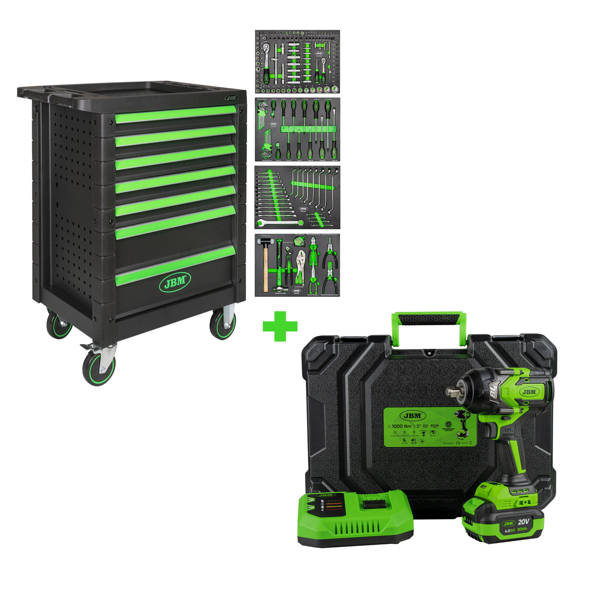 CARRELLO A 7 CASSETTI - VERDE + CHIAVE A PERCUSSIONE BRUSHLESS A BATTERIA 1/2" 1000NM CON CUSTODIA | SERIE497