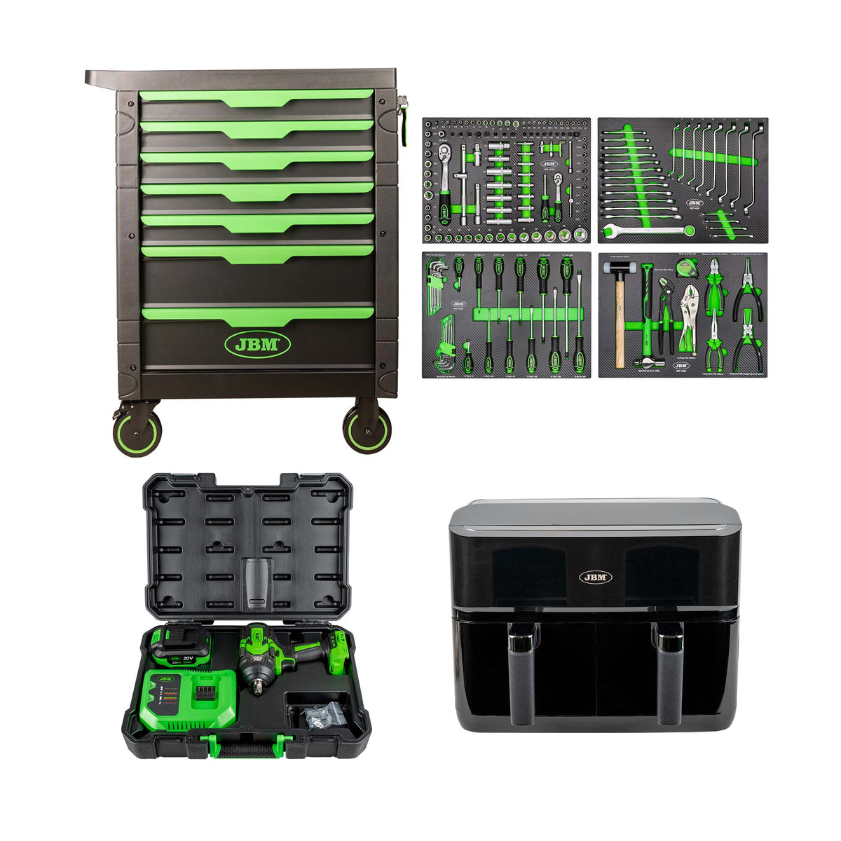 CARRELLO A 7 CASSETTI - VERDE + CHIAVE A PERCUSSIONE BRUSHLESS A BATTERIA 1/2" 1000NM CON CUSTODIA | SERIE497F