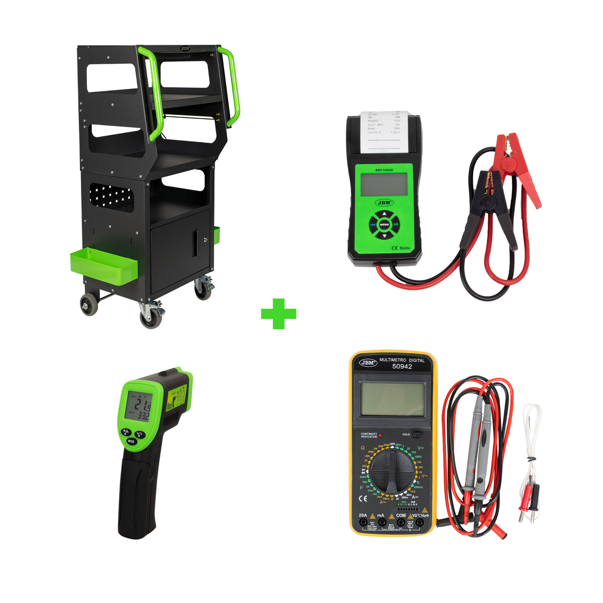 CARRELLO DIAGNOSTICO + TESTER BATTERIA CON STAMPA + MULTIMETRO DIGITALE + TERMOMETRO LASER | SERIE499
