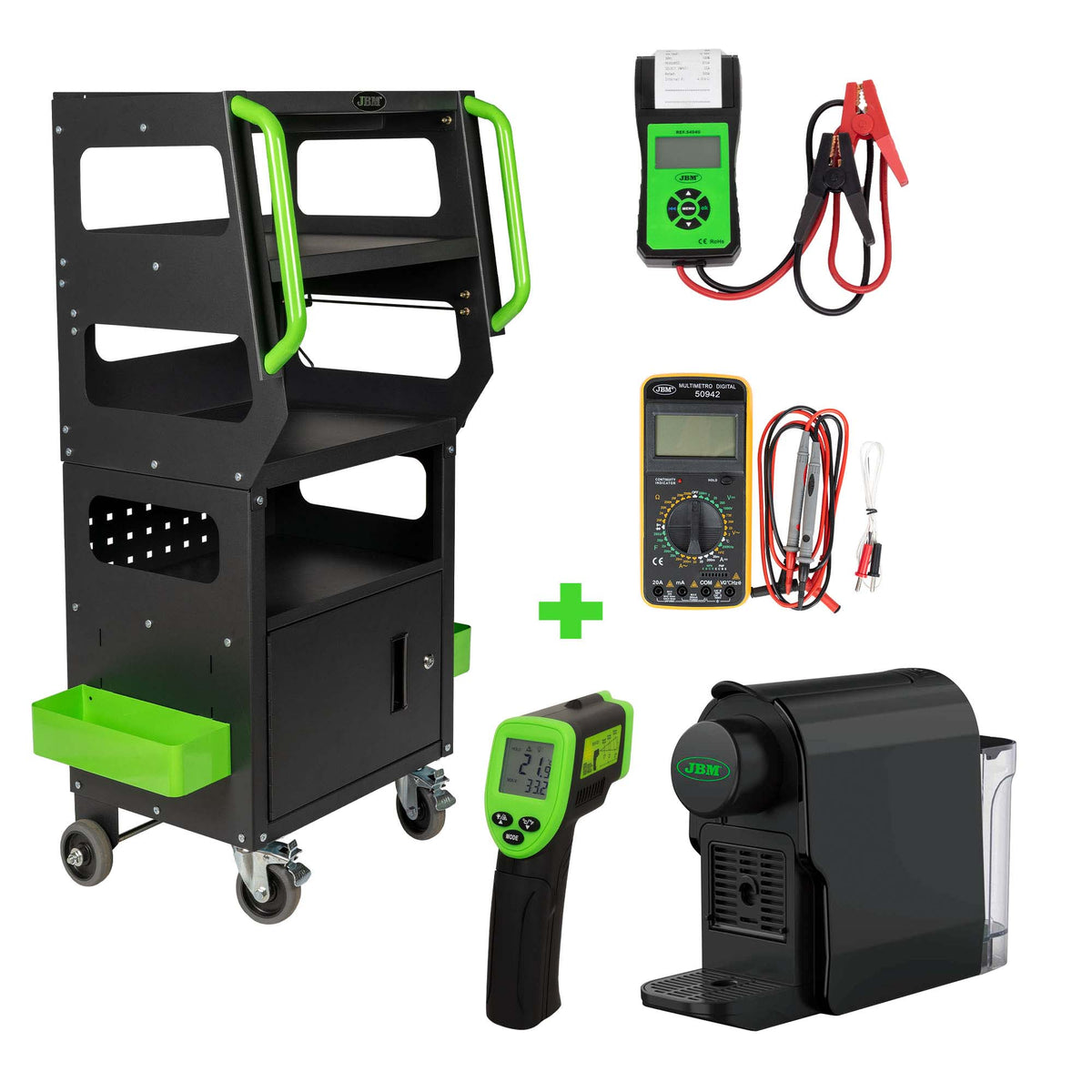 CARRELLO DIAGNOSTICO + TESTER BATTERIA CON STAMPA + MULTIMETRO DIGITALE + TERMOMETRO LASER | SERIE499E