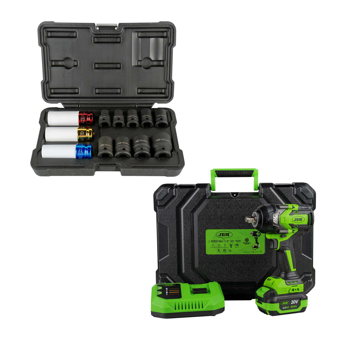 60051C CHIAVE A PERCUSSIONE BRUSHLESS A BATTERIA 1/2" 1000NM CON CUSTODIA + 52343 SET DI 12 BUSSOLE  | SERIE551