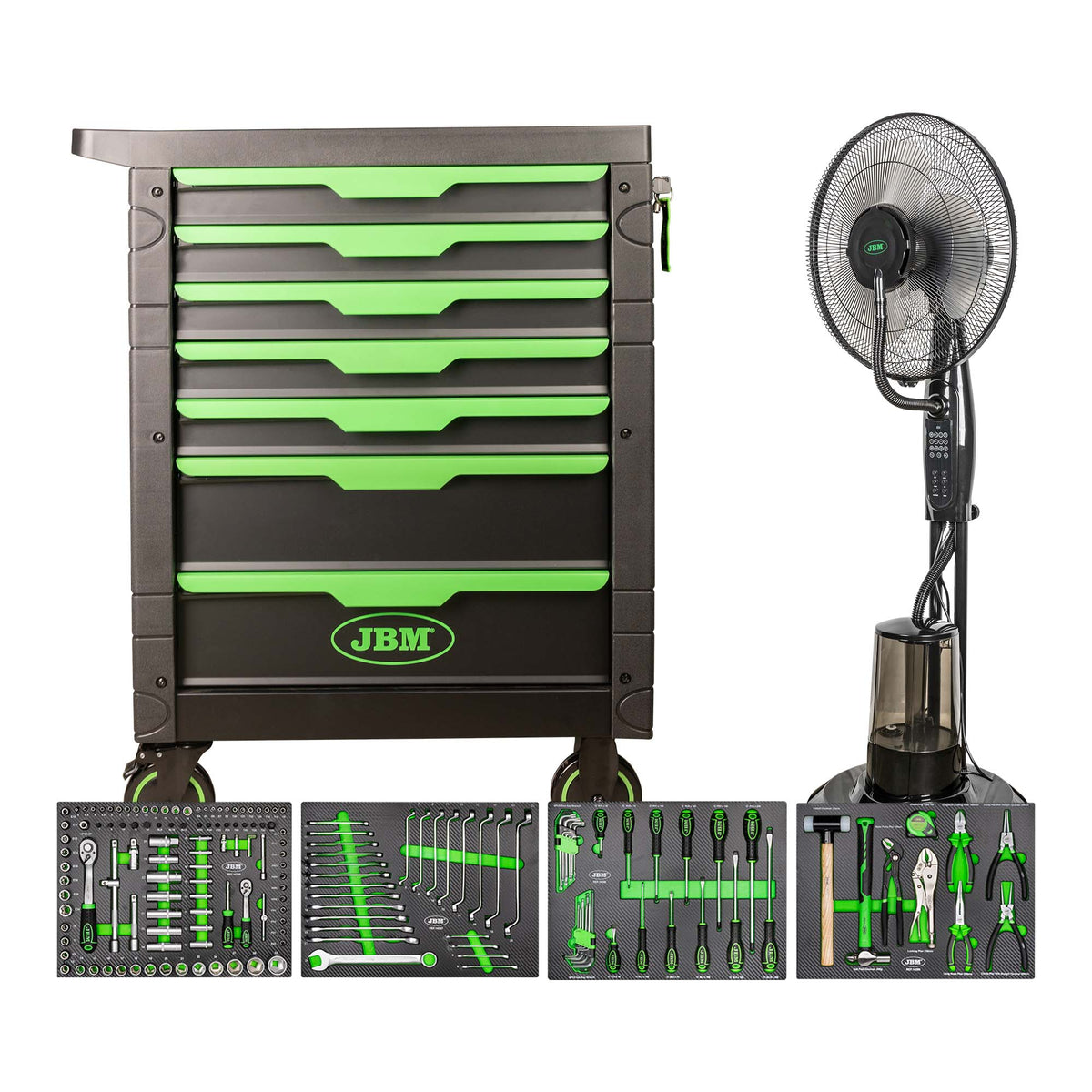 54389 CARRELLO A 7 CASSETTI - VERDE + 54125 VENTILATORE NEBULIZZATORE D ACQUA 75W | SERIE574